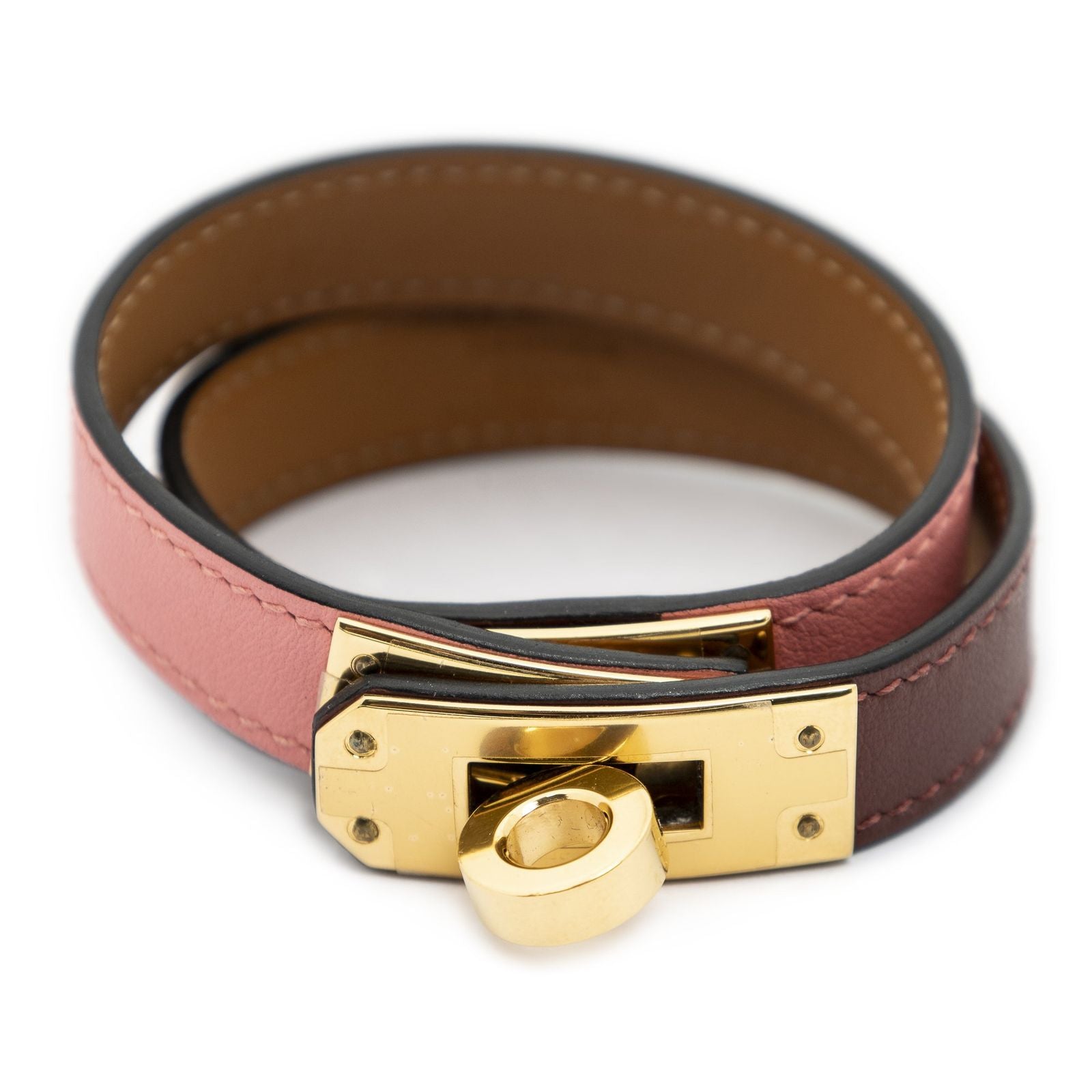 Hermes Kelly Double Tour Bracelet Pink Burgundy Swift Leather