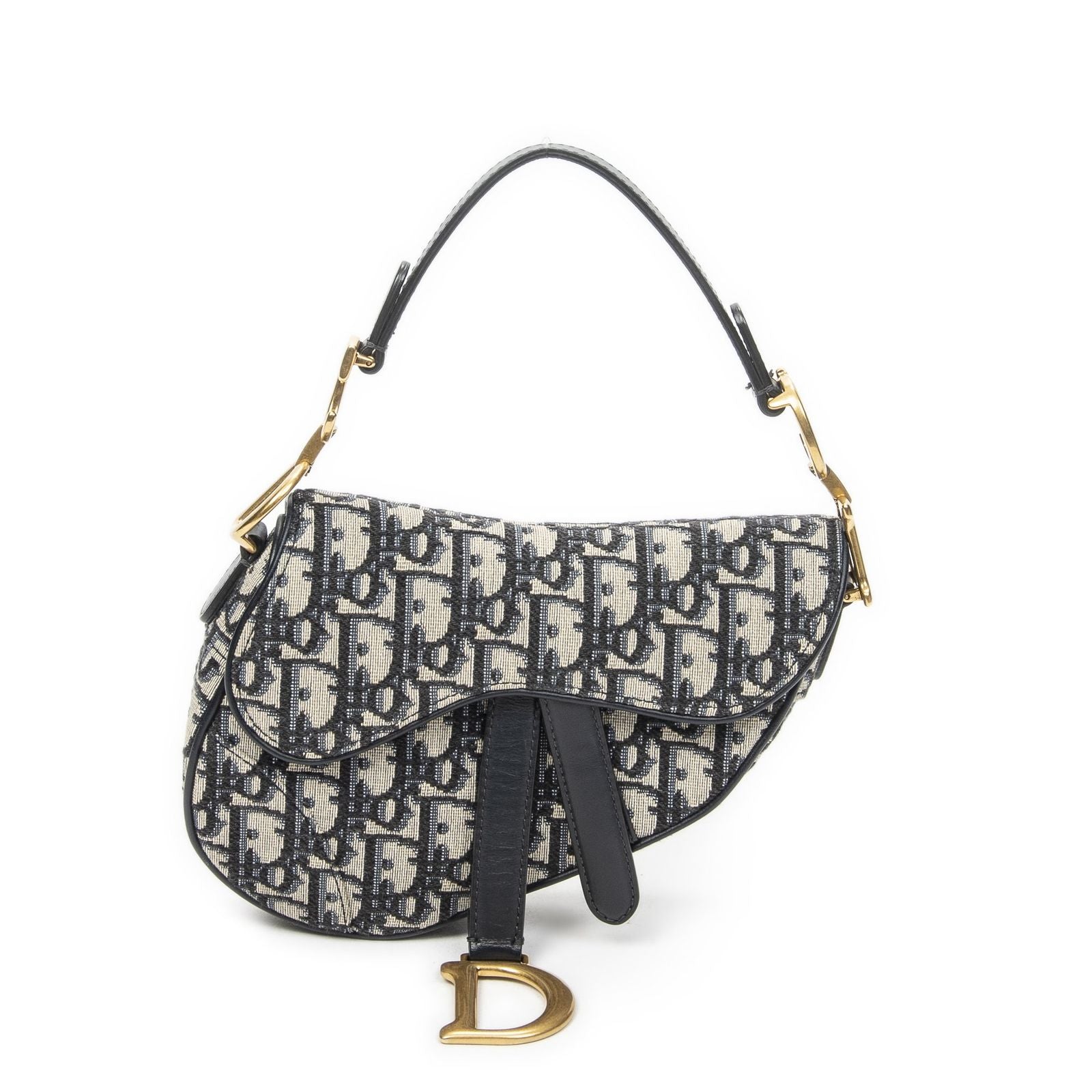Dior New Saddle Bag Navy Beige Trotter Pattern Canvas