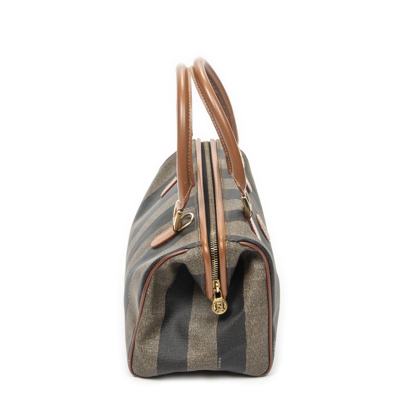 Fendi Small Pecan Frame Boston Tan Black Brown Stripe Canvas Shoulder — view 4