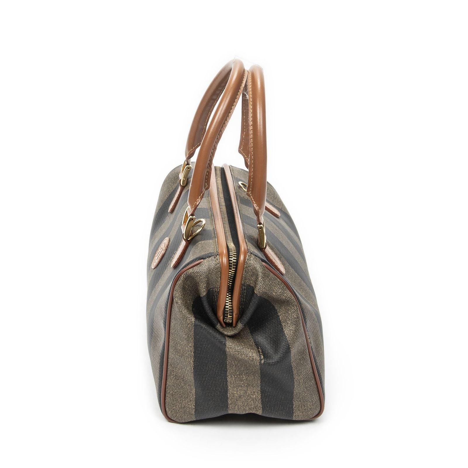 Fendi Small Pecan Frame Boston Tan Black Brown Stripe Canvas Shoulder — view 3