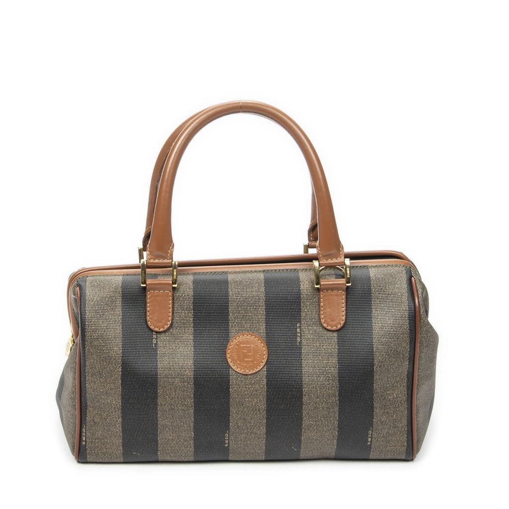 Fendi Small Pecan Frame Boston Tan Black Brown Stripe Canvas Shoulder
