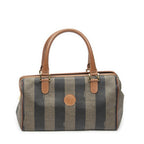 Fendi Small Pecan Frame Boston Tan Black Brown Stripe Canvas Shoulder