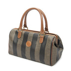 Fendi Small Pecan Frame Boston Tan Black Brown Stripe Canvas Shoulder — view 2