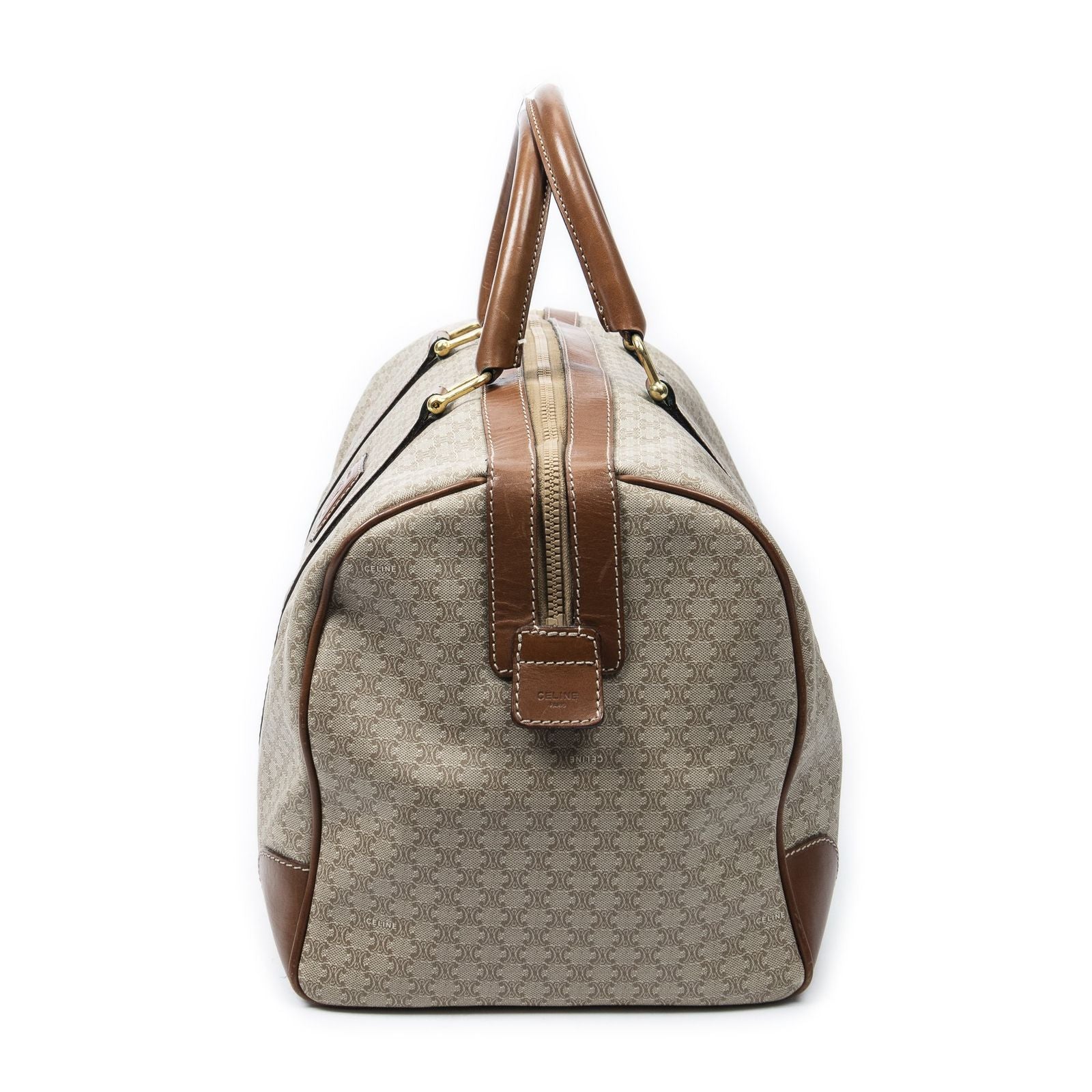 Celine Vintage Travel Boston Beige Brown Macadam Canvas Shoulder — view 3