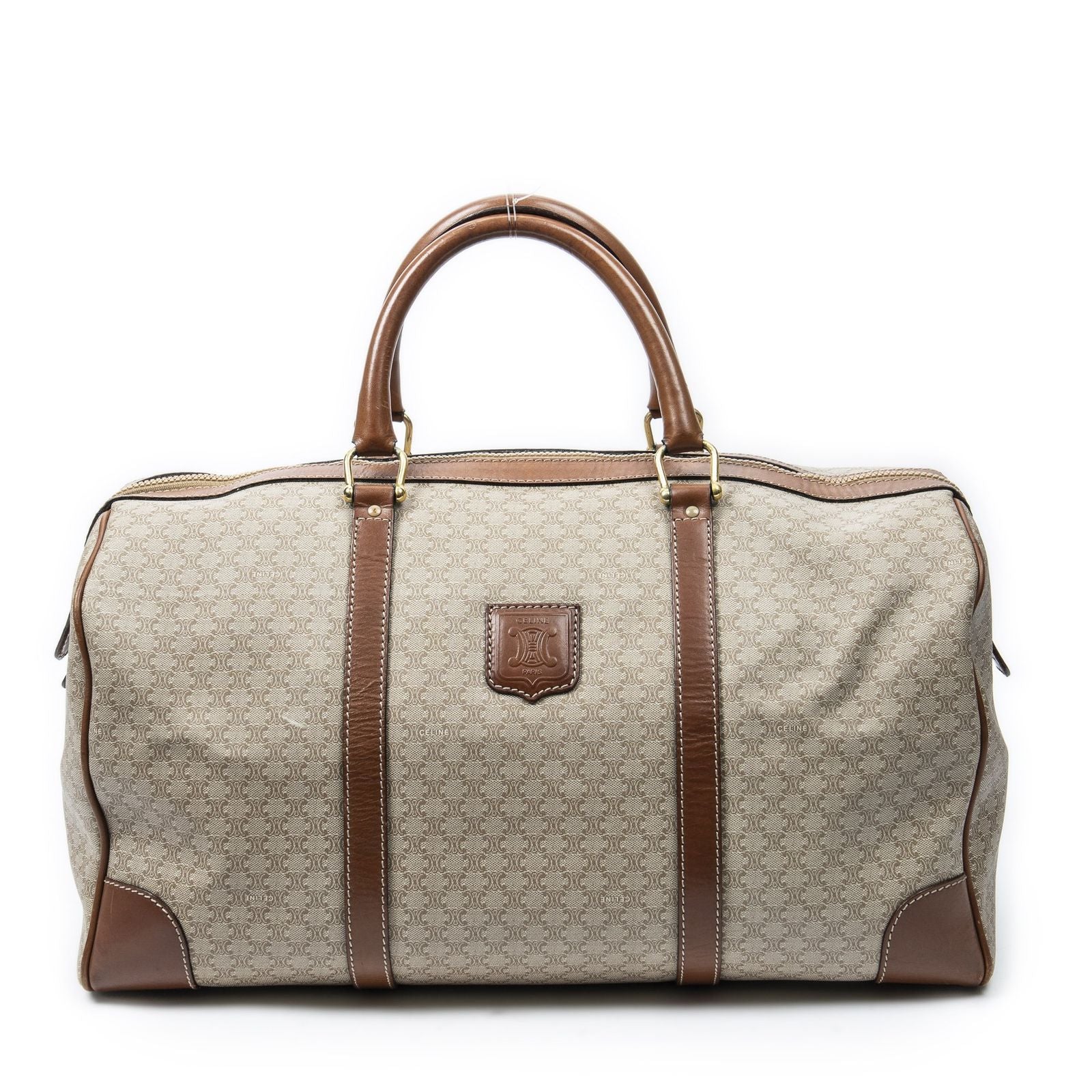 Celine Vintage Travel Boston Beige Brown Macadam Canvas Shoulder