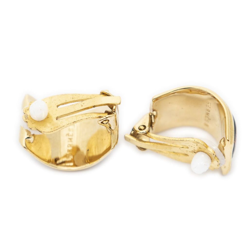 Hermes Enamel Clip on Earrings Black Orange Gold Plated — view 2
