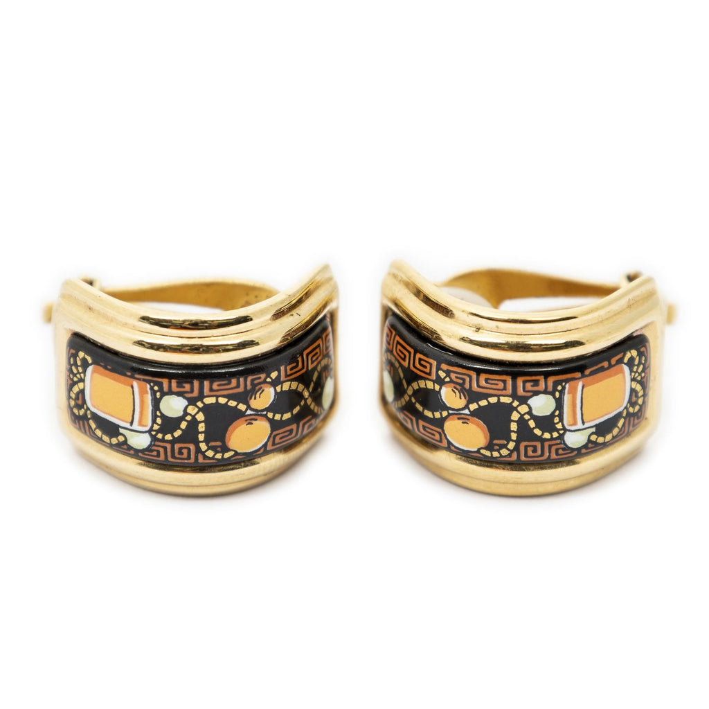 Hermes Enamel Clip on Earrings Black Orange Gold Plated