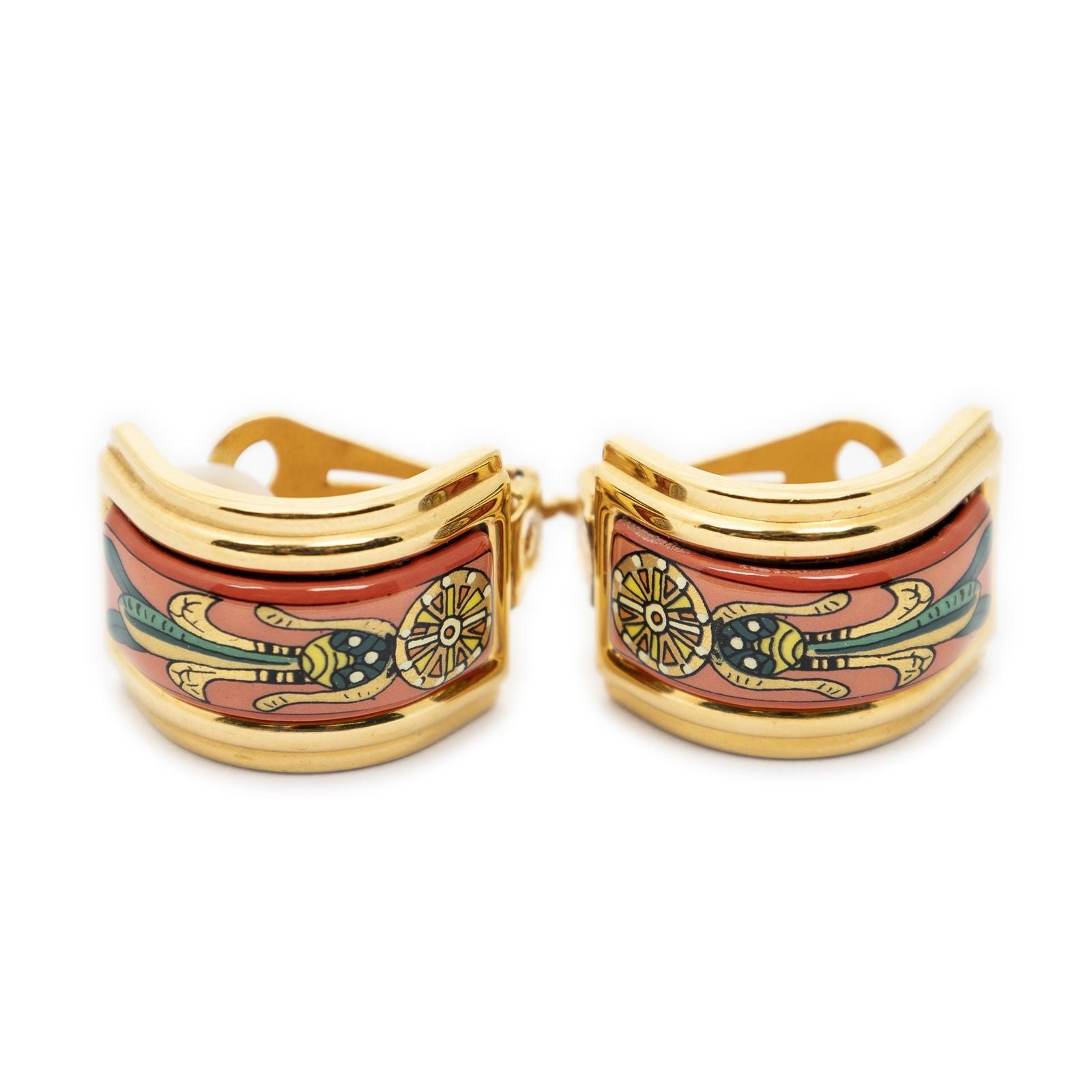 Hermes Enamel Clip on Earrings Red Green Gold Plated