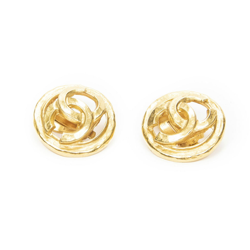 Chanel CC Logo Round Clip Type Earrings Gold Plated
