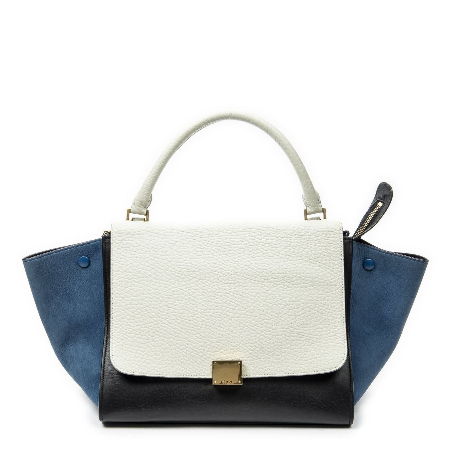 Celine Tricolor Trapeze Black Ivory Blue Calfskin Leather Messenger