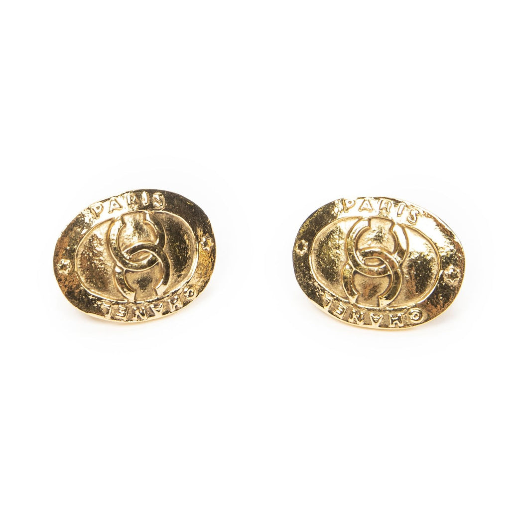 Chanel CC Oval Clip on Earrings Gold Plated