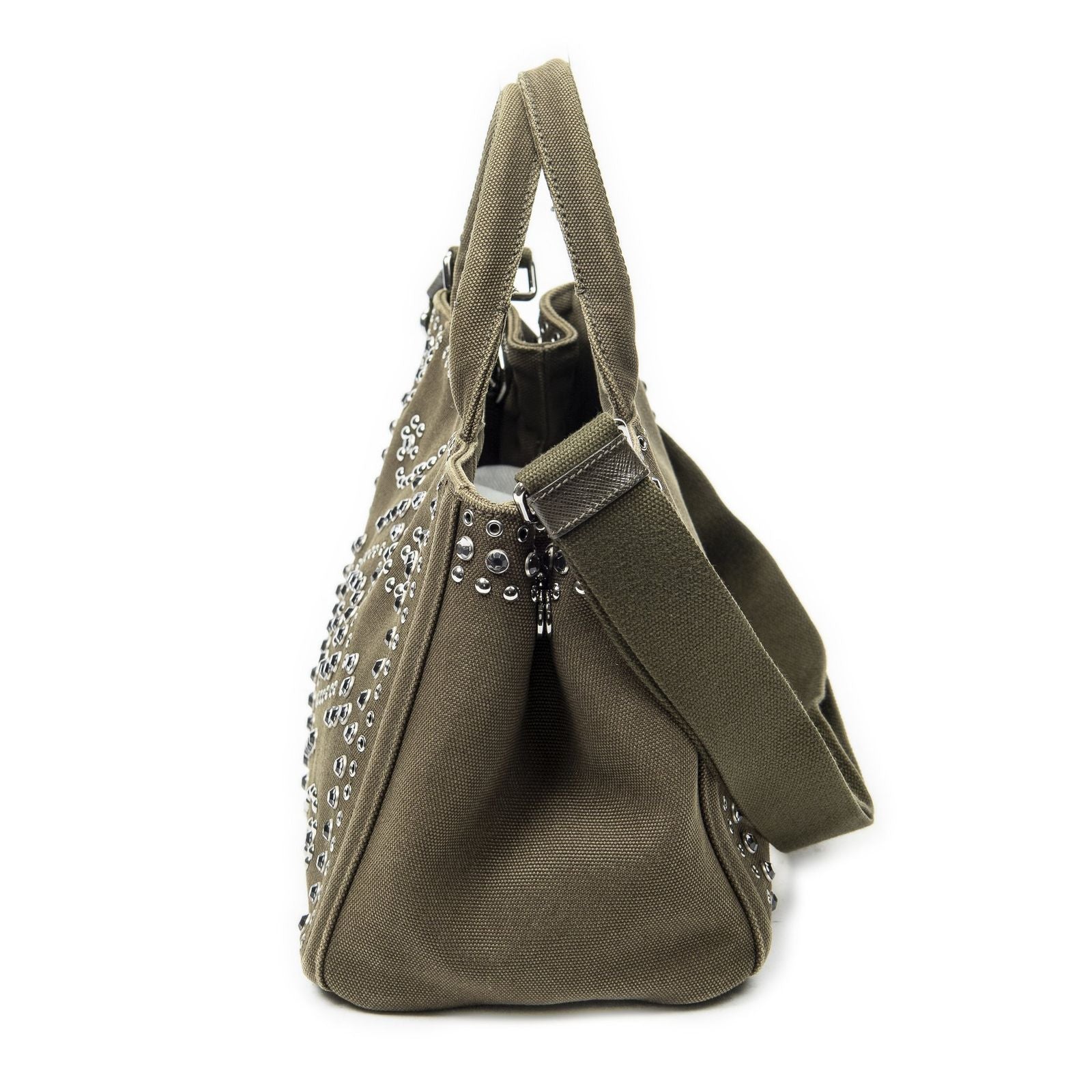 Prada Small Rhinestone Canapa Tote Dark Green Studs Canvas — view 3