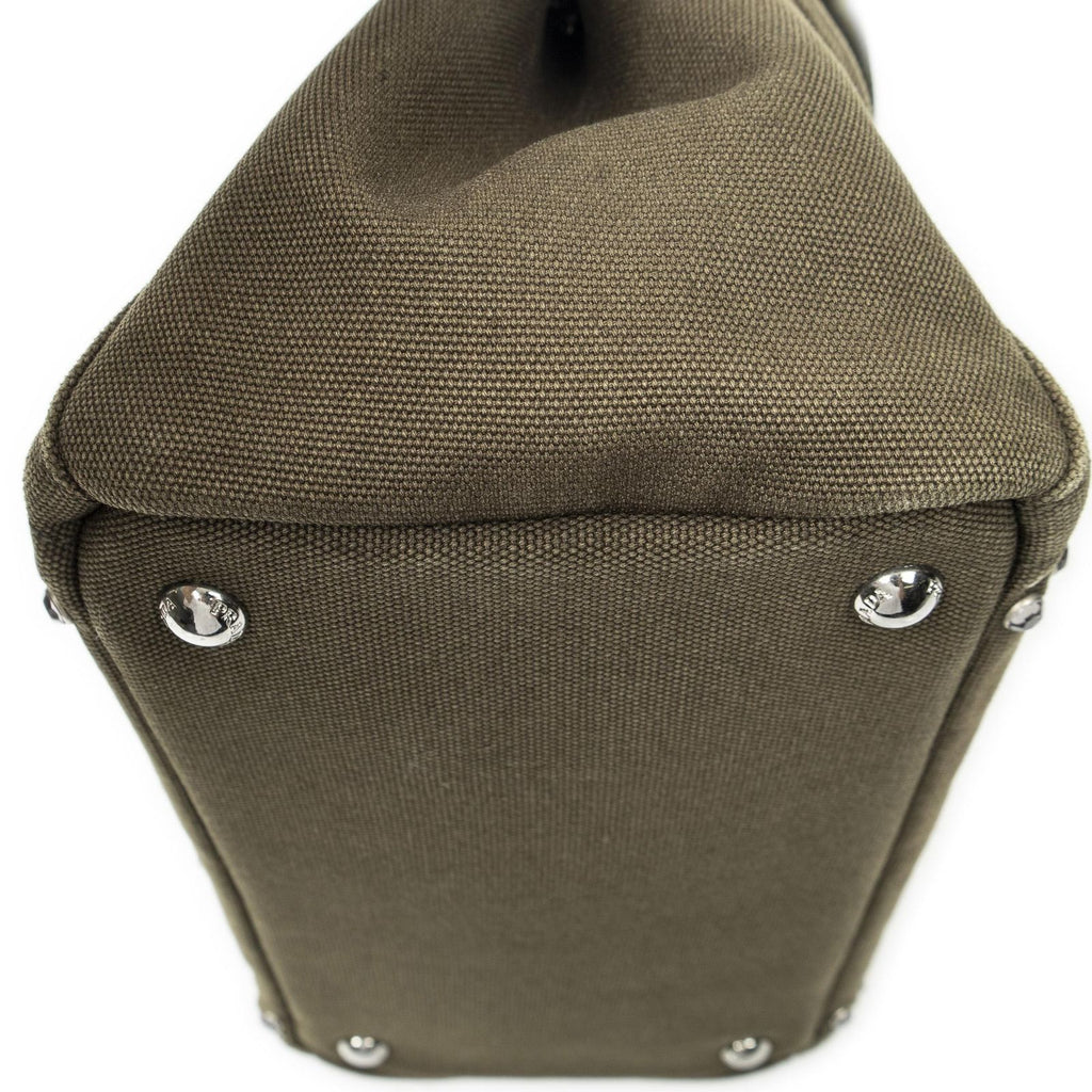 Prada Small Rhinestone Canapa Tote Dark Green Studs Canvas — view 7