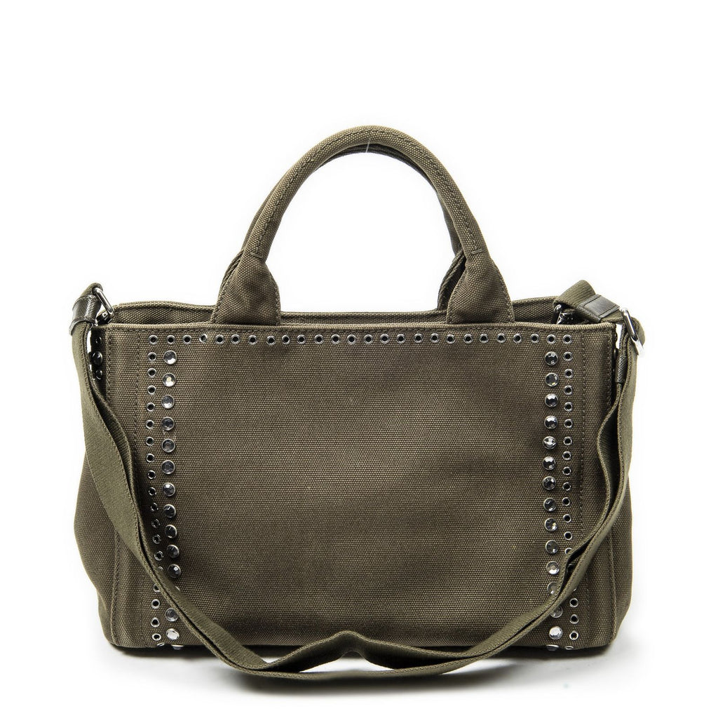 Prada Small Rhinestone Canapa Tote Dark Green Studs Canvas — view 5