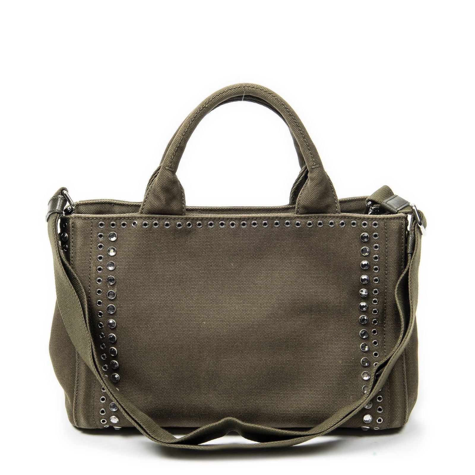 Prada Small Rhinestone Canapa Tote Dark Green Studs Canvas — view 5