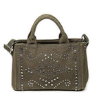 Prada Small Rhinestone Canapa Tote Dark Green Studs Canvas