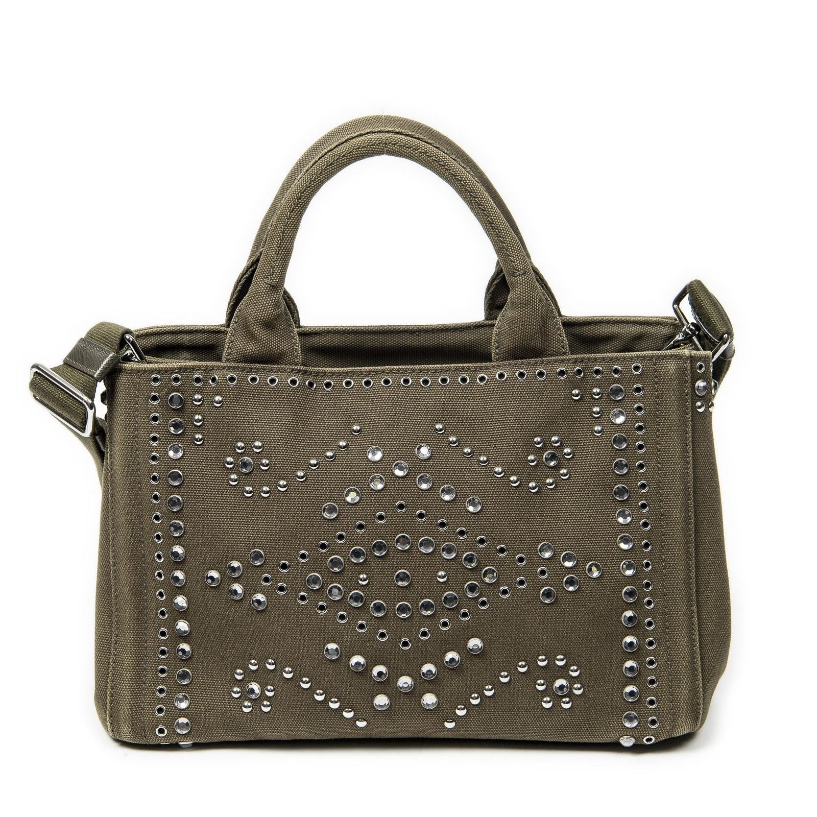 Prada Small Rhinestone Canapa Tote Dark Green Studs Canvas