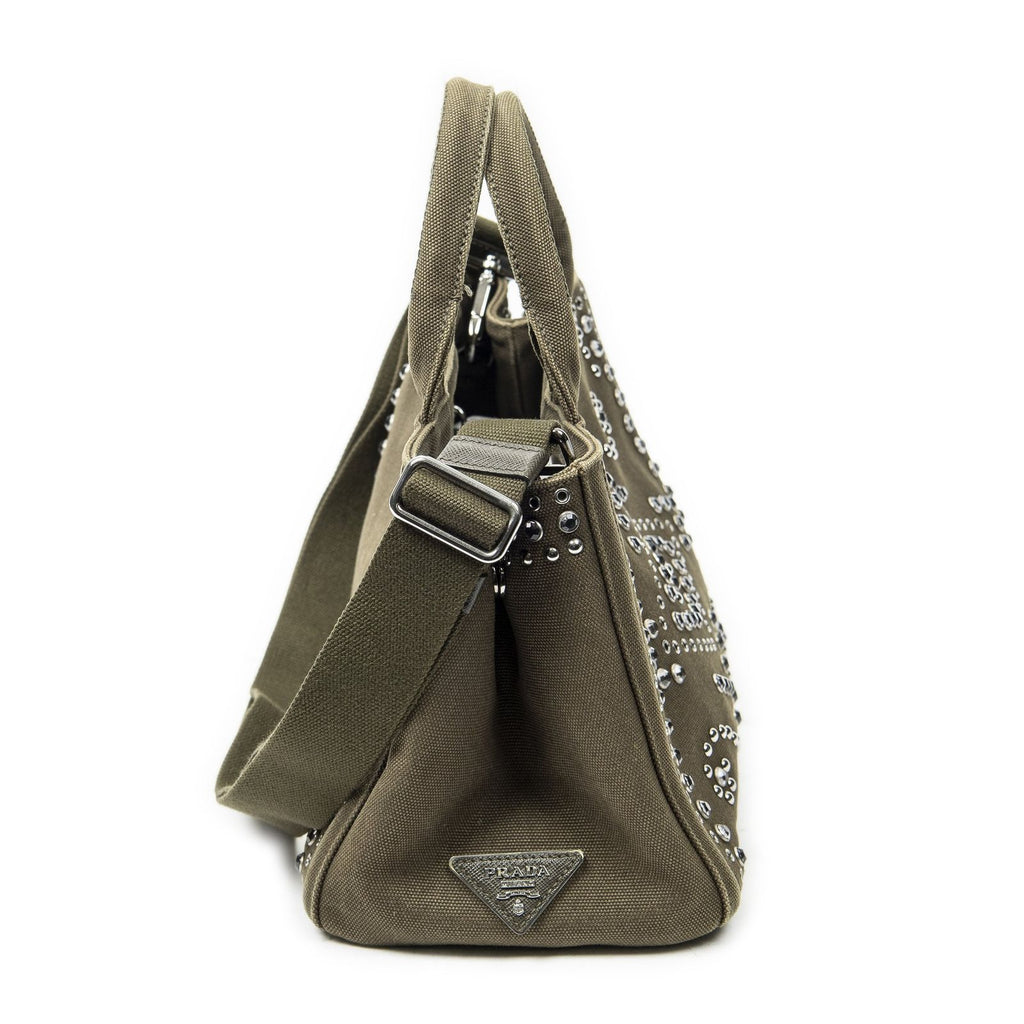 Prada Small Rhinestone Canapa Tote Dark Green Studs Canvas — view 4