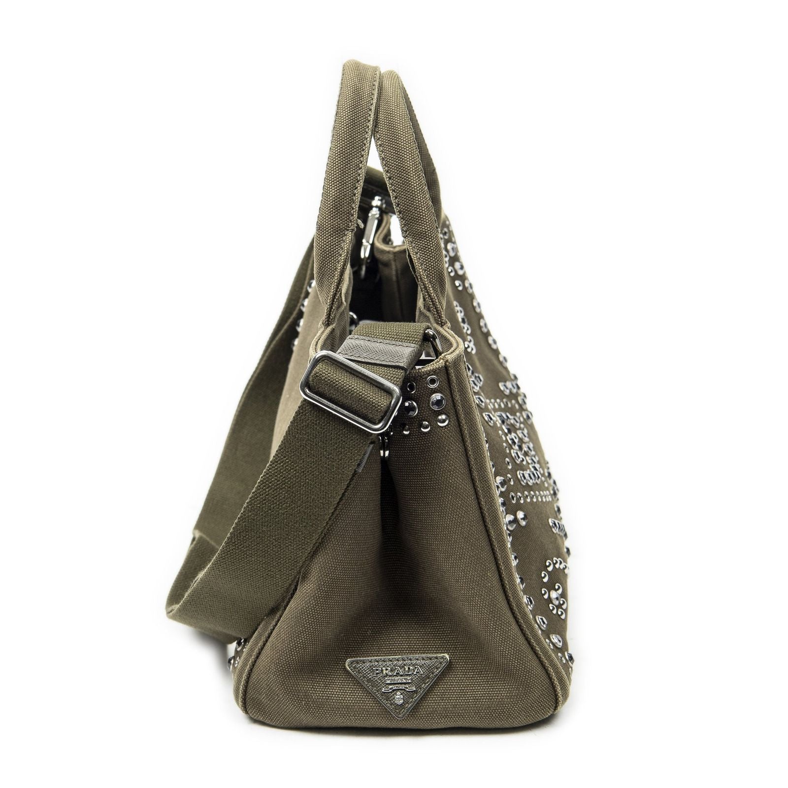 Prada Small Rhinestone Canapa Tote Dark Green Studs Canvas — view 4