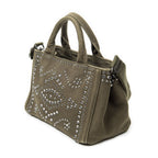 Prada Small Rhinestone Canapa Tote Dark Green Studs Canvas — view 2