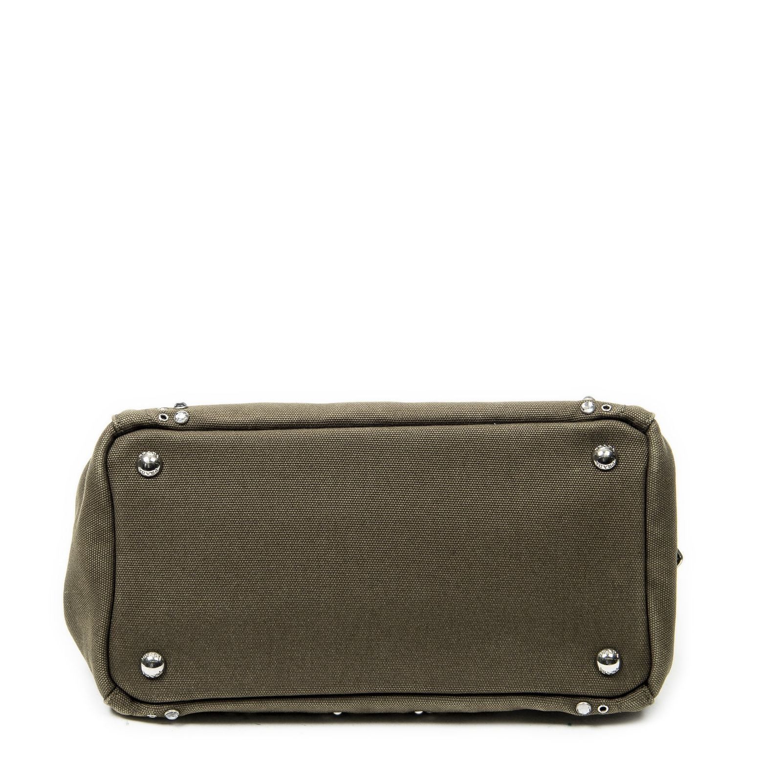 Prada Small Rhinestone Canapa Tote Dark Green Studs Canvas — view 6