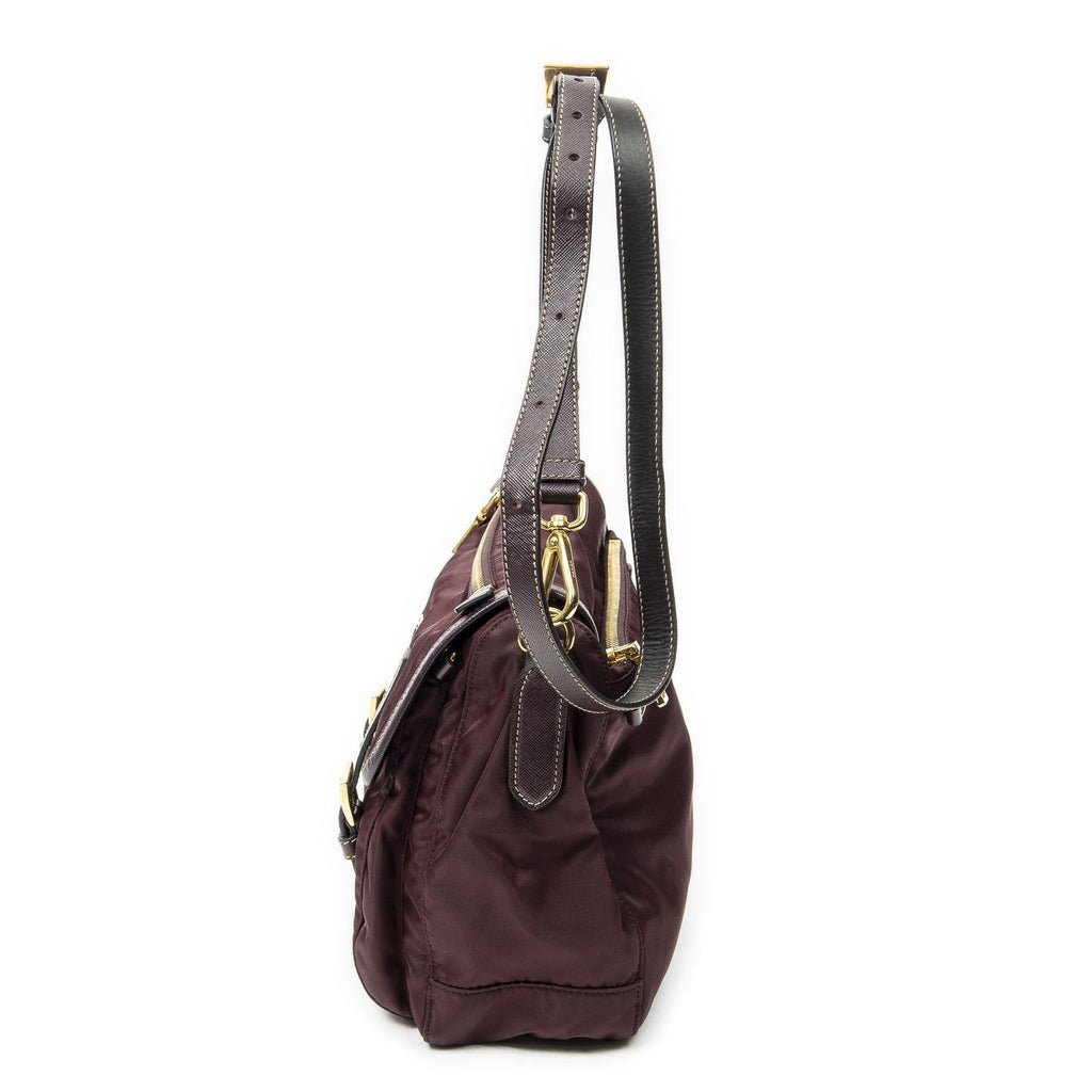Prada Small Flap Buckle Messenger Burgundy Nylon Canvas — view 3