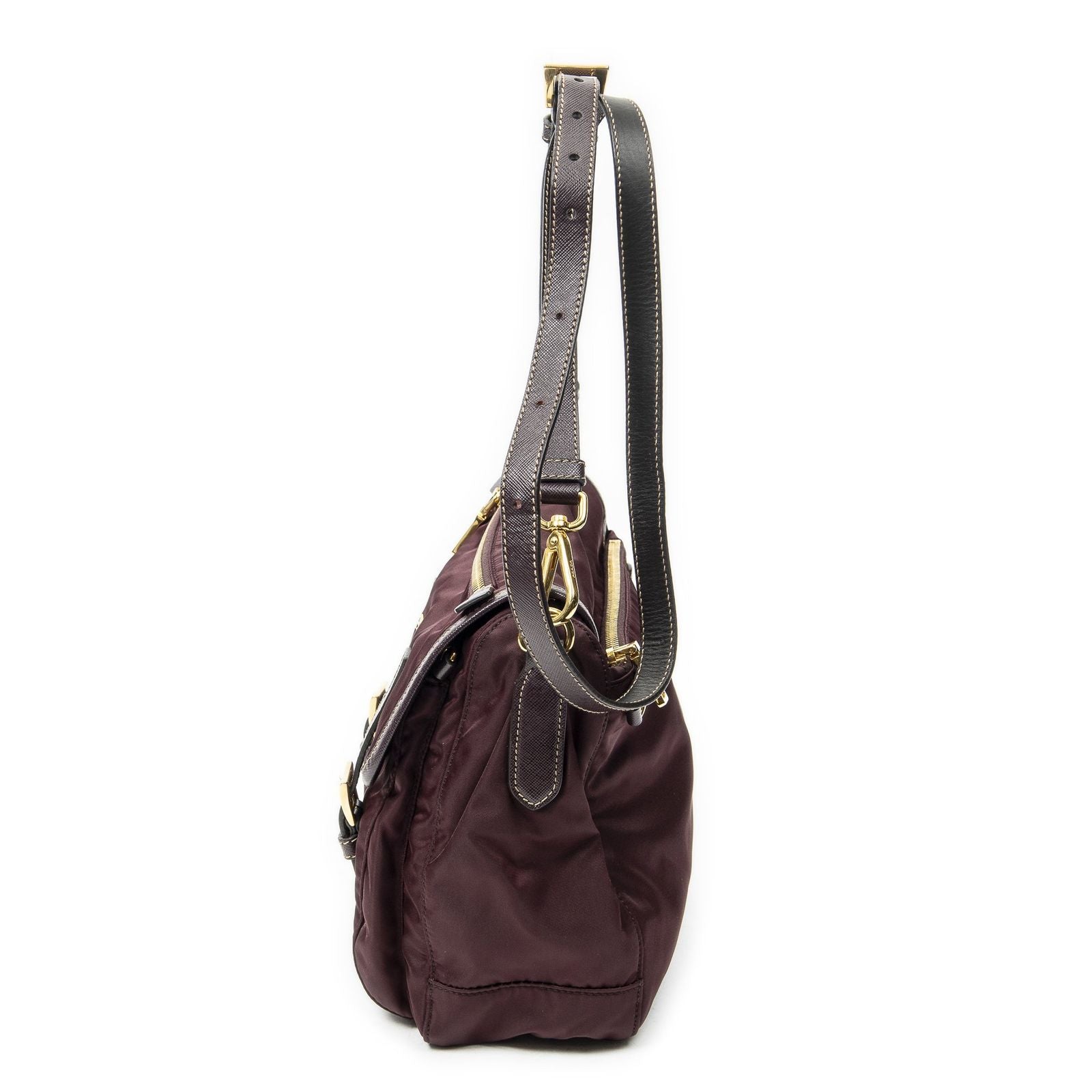 Prada Small Flap Buckle Messenger Burgundy Nylon Canvas — view 3
