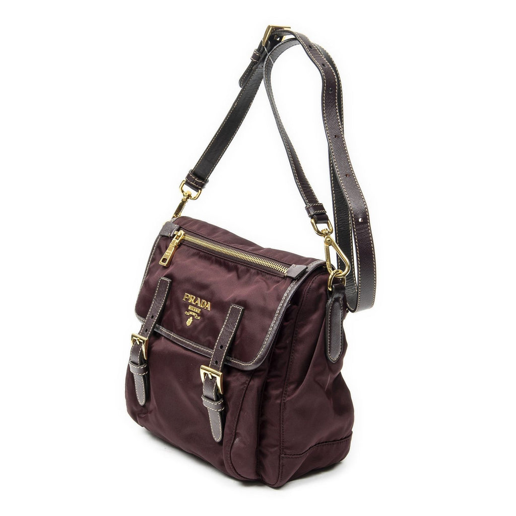 Prada Small Flap Buckle Messenger Burgundy Nylon Canvas — view 2