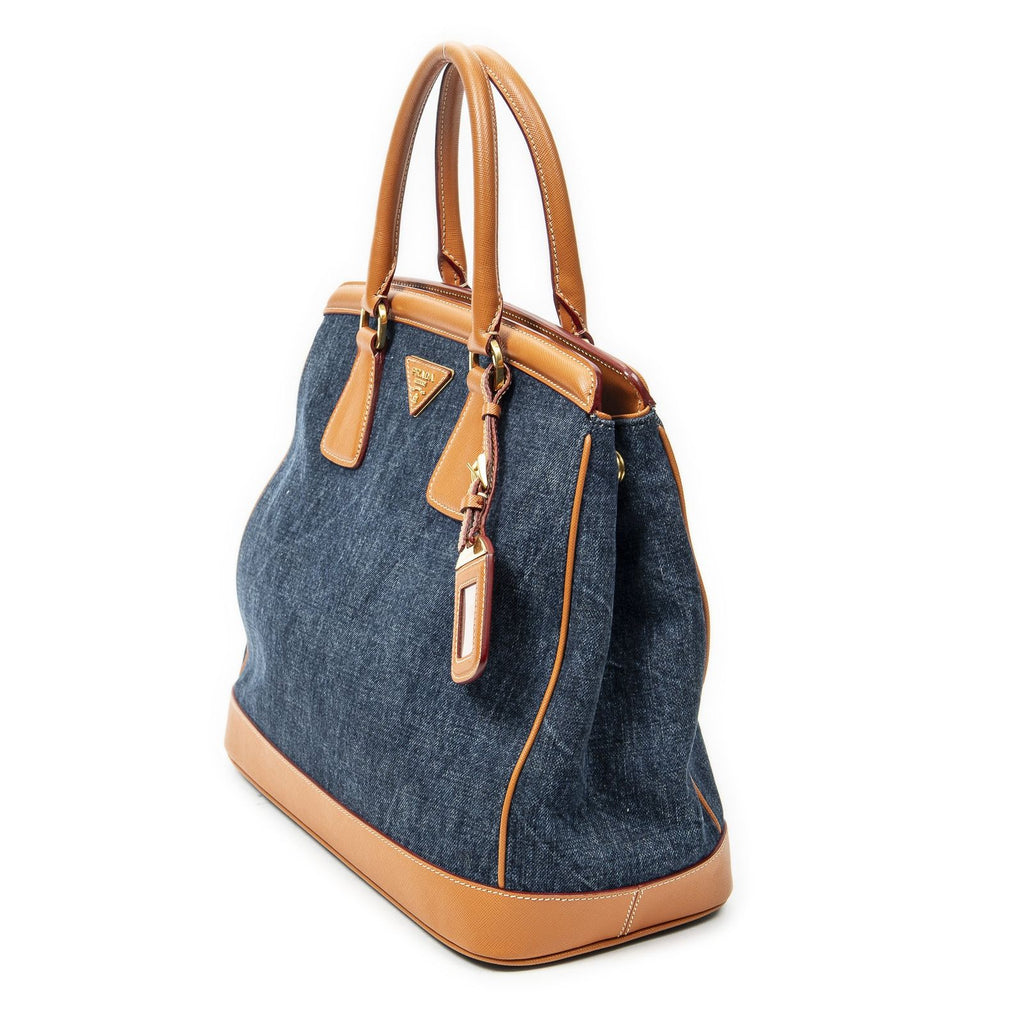 Prada Parabole Shopping Tote Blue Orange Denim Canvas — view 2