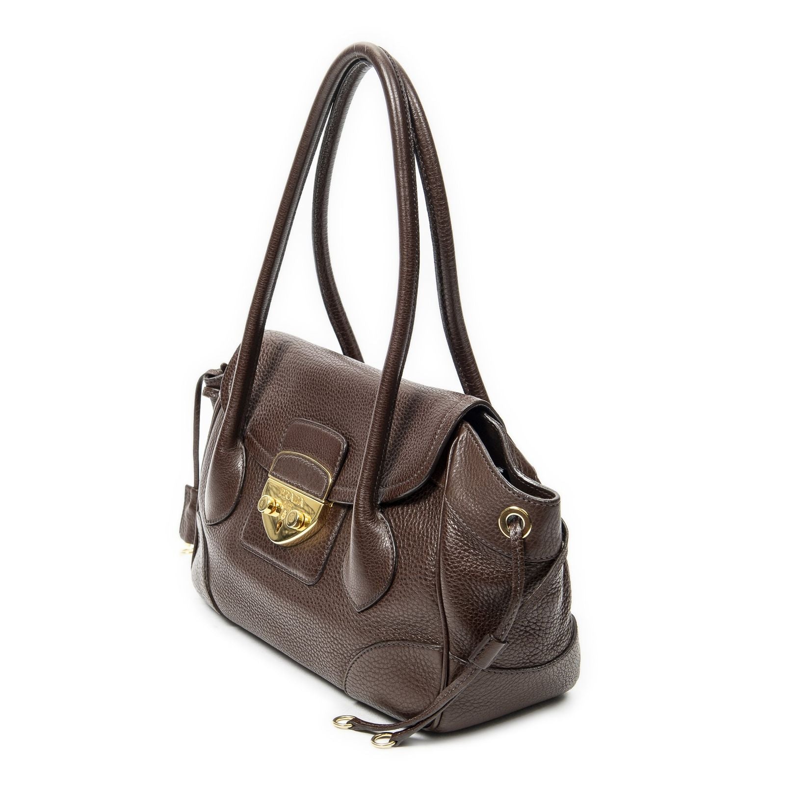 Prada Side Drawstring Push Lock Flap Dark Brown Vitello Dyno — view 2