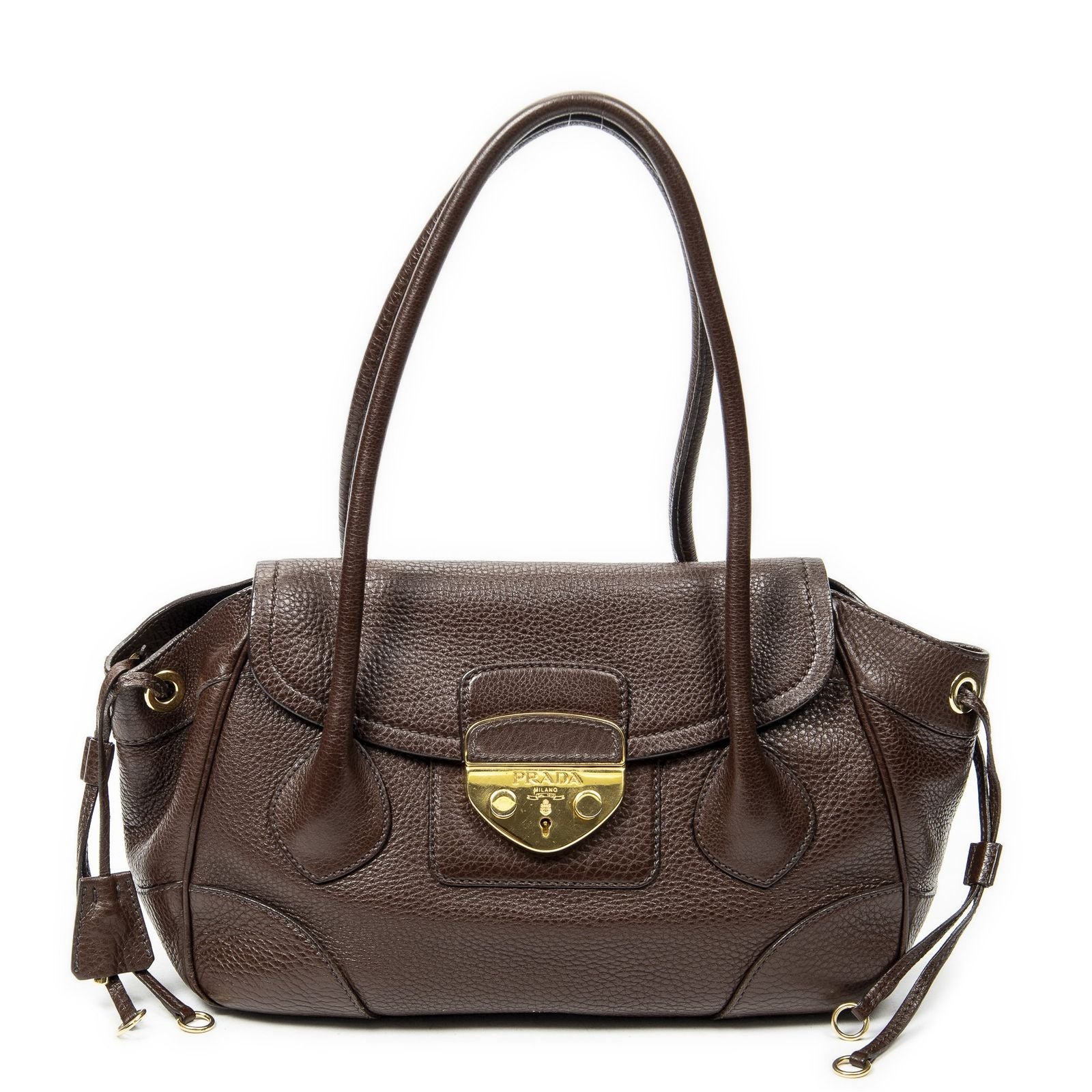 Prada Side Drawstring Push Lock Flap Dark Brown Vitello Dyno
