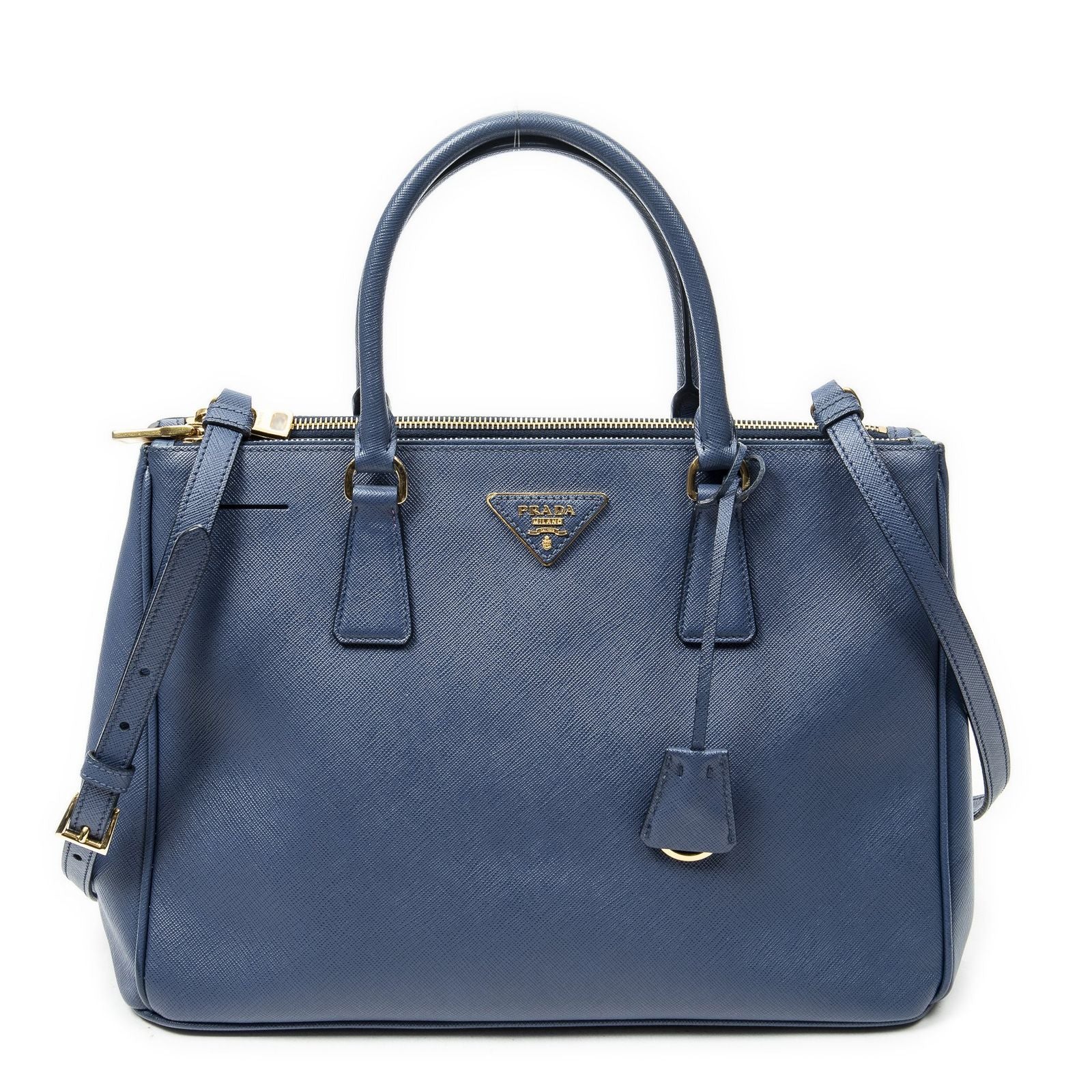 Prada Large Double Zip Galleria Tote Blue Saffiano Leather