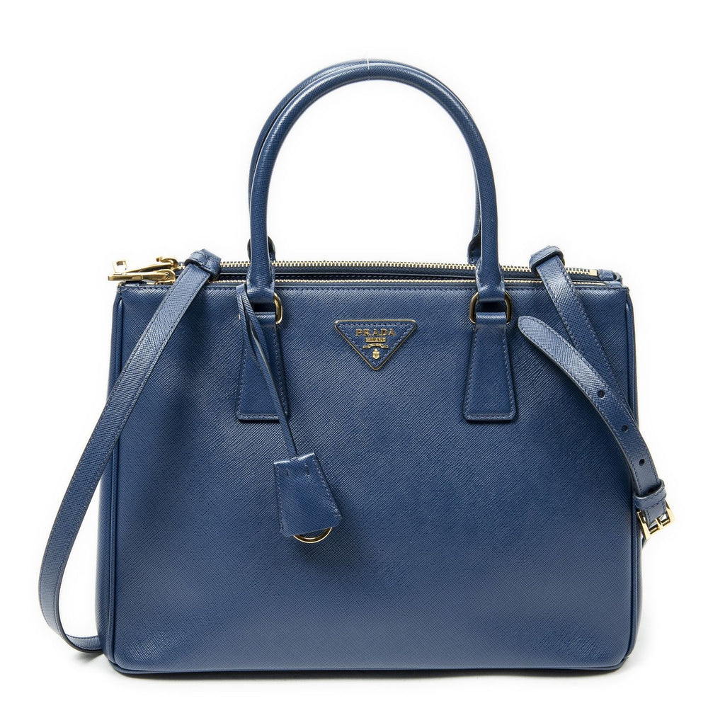 Prada Large Double Zip Galleria Tote Dark Blue Saffiano Leather