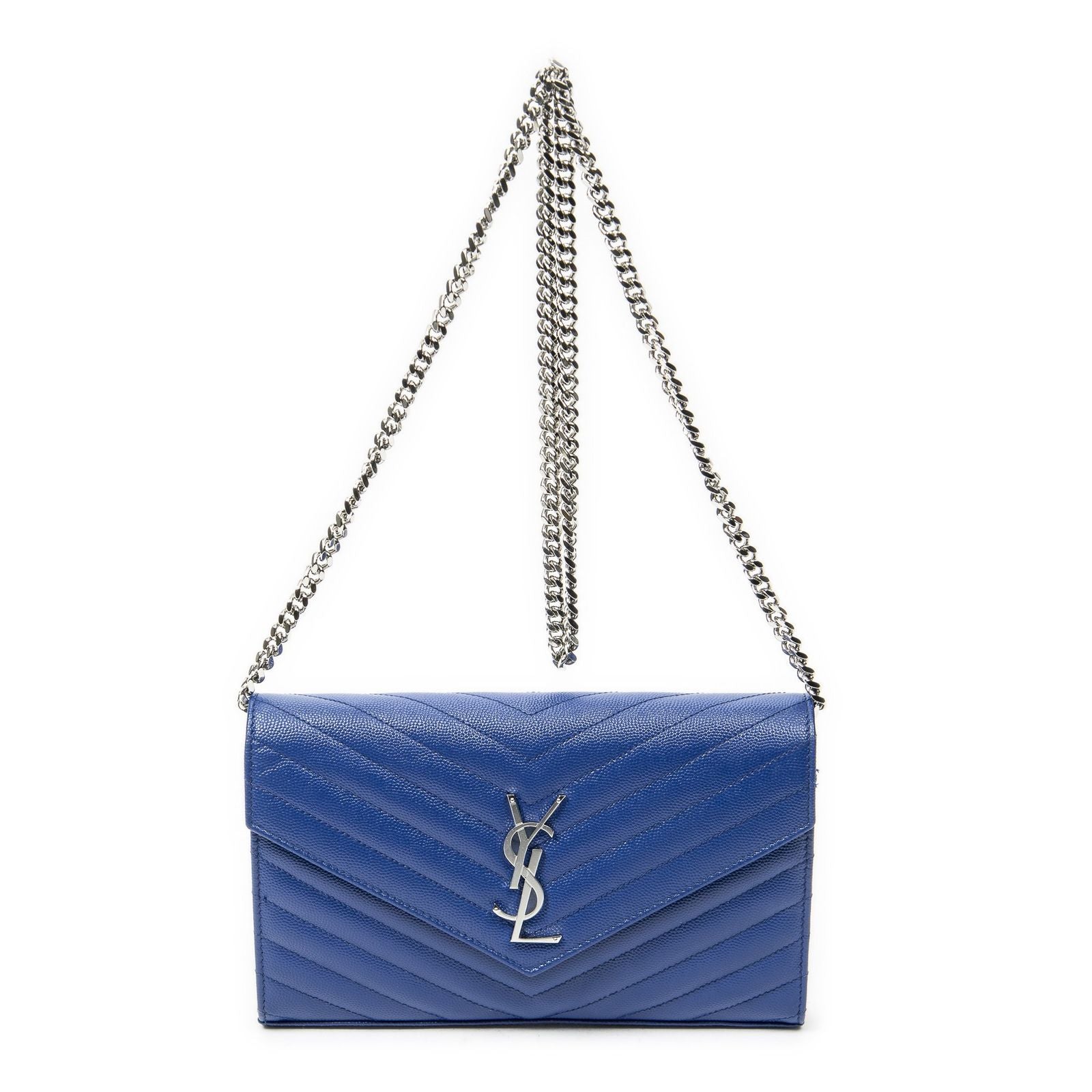 Saint Laurent Classic Cassandre Chain Wallet Blue Matelasse Gray N'de Poudre