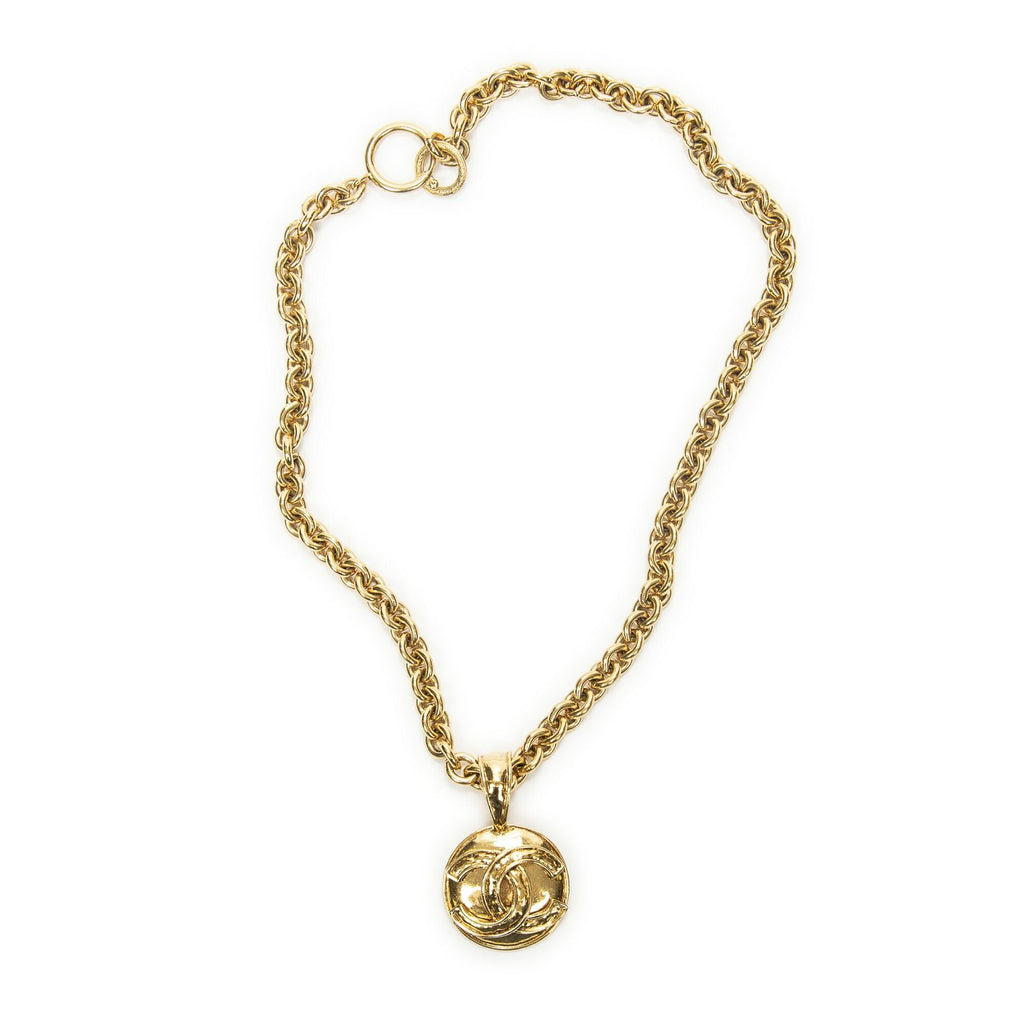 Chanel CC Round Pendant Chain Necklace Gold Plated