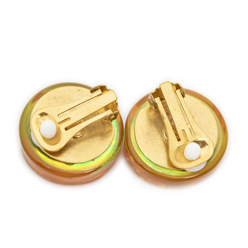 Chanel CC Resin Holographic Camellia Round Clip on Earrings Gold — view 2