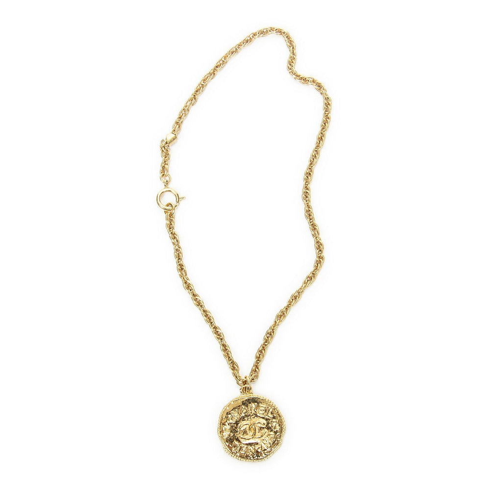 Chanel CC Round Pendant Chain Necklace Gold Plated