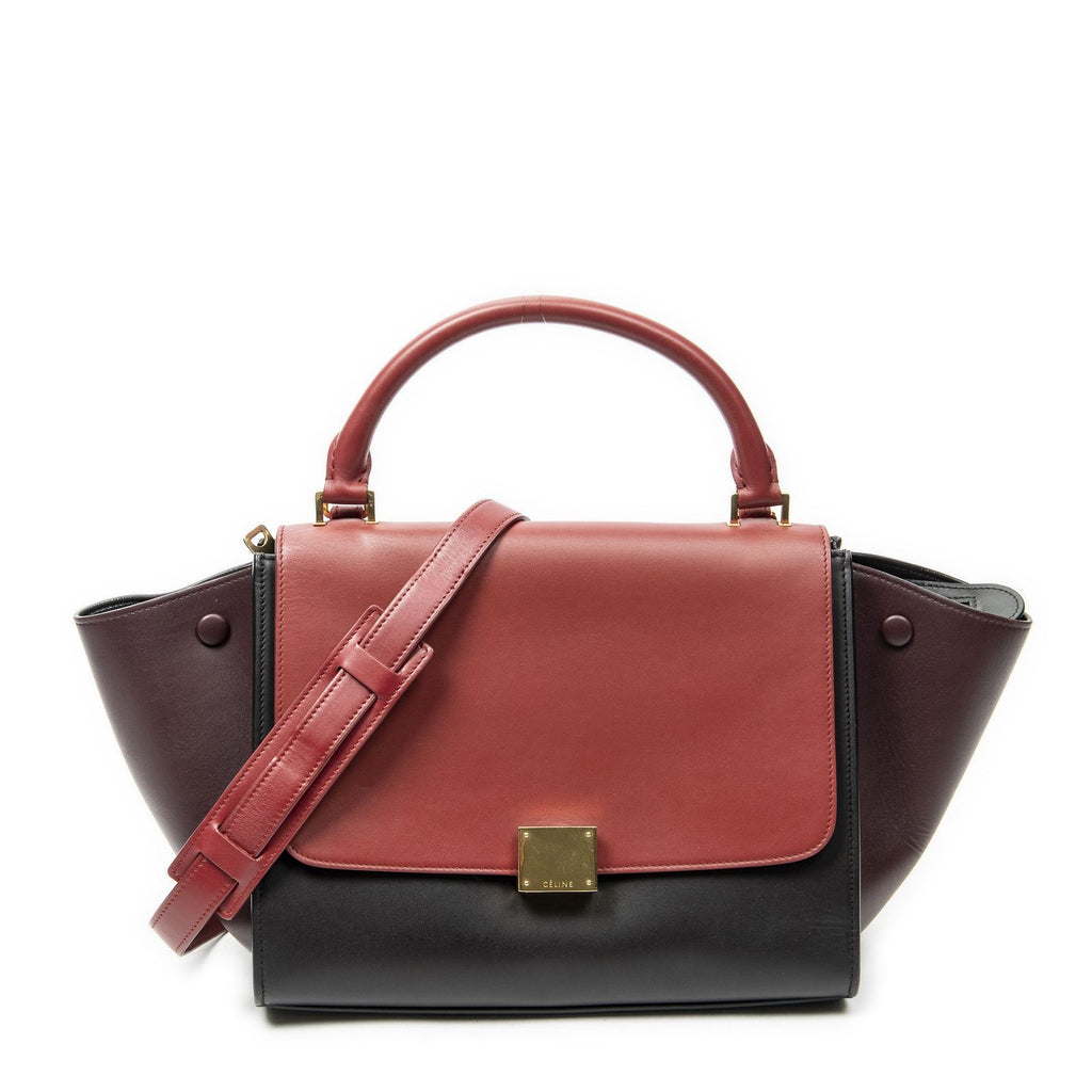 Celine Small Tricolor Trapeze Red Dark Brown Burgundy Calfskin Leather Messenger