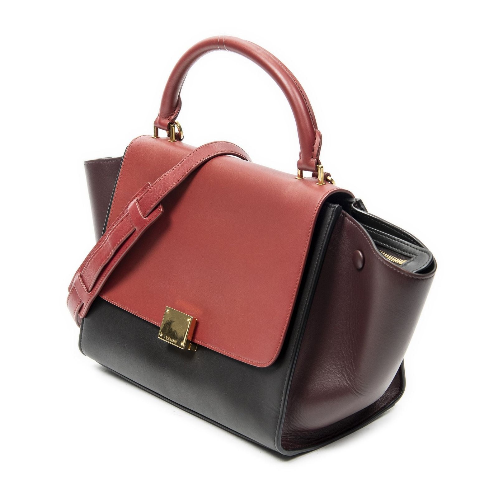 Celine Small Tricolor Trapeze Red Dark Brown Burgundy Calfskin Leather Messenger — view 2