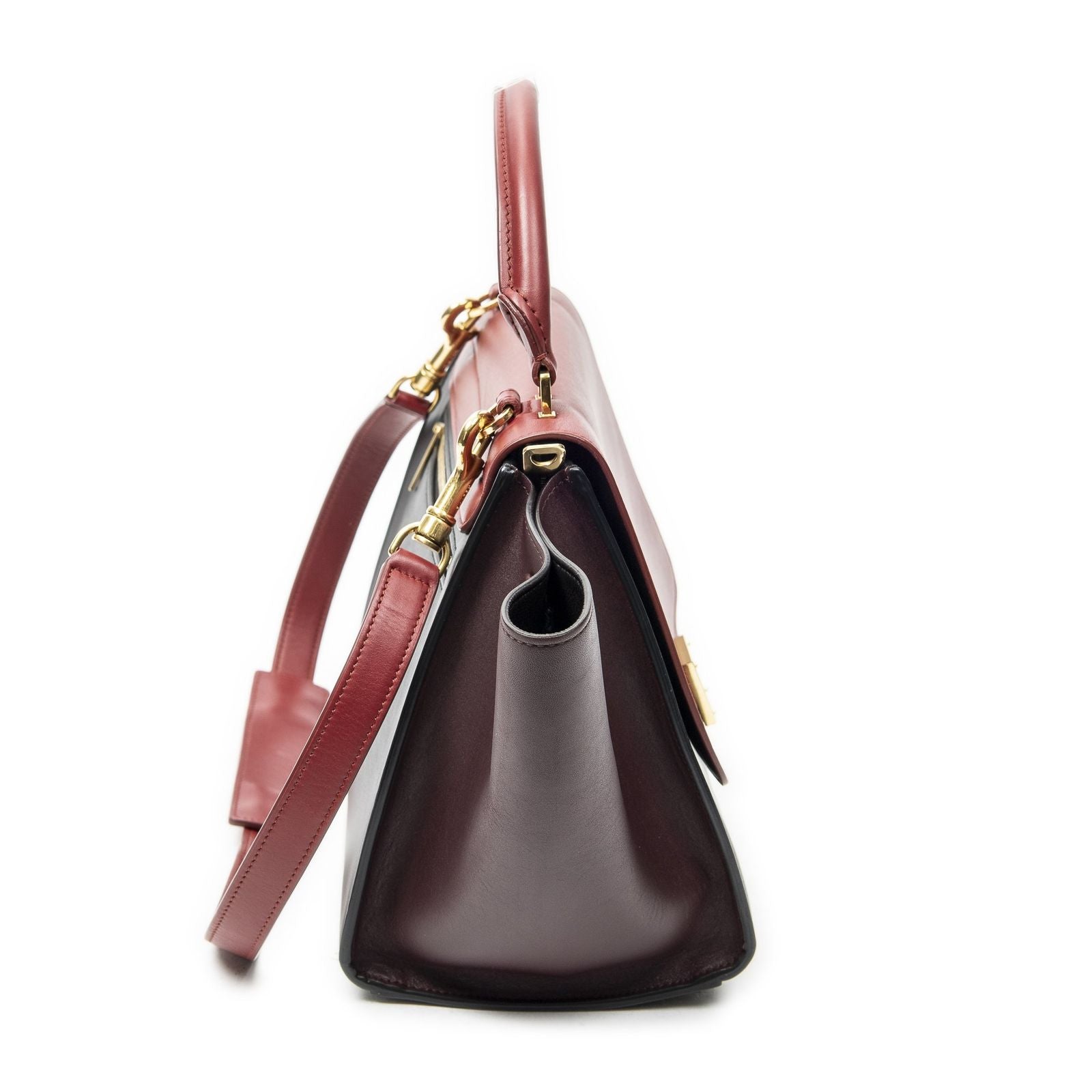 Celine Small Tricolor Trapeze Red Dark Brown Burgundy Calfskin Leather Messenger — view 4