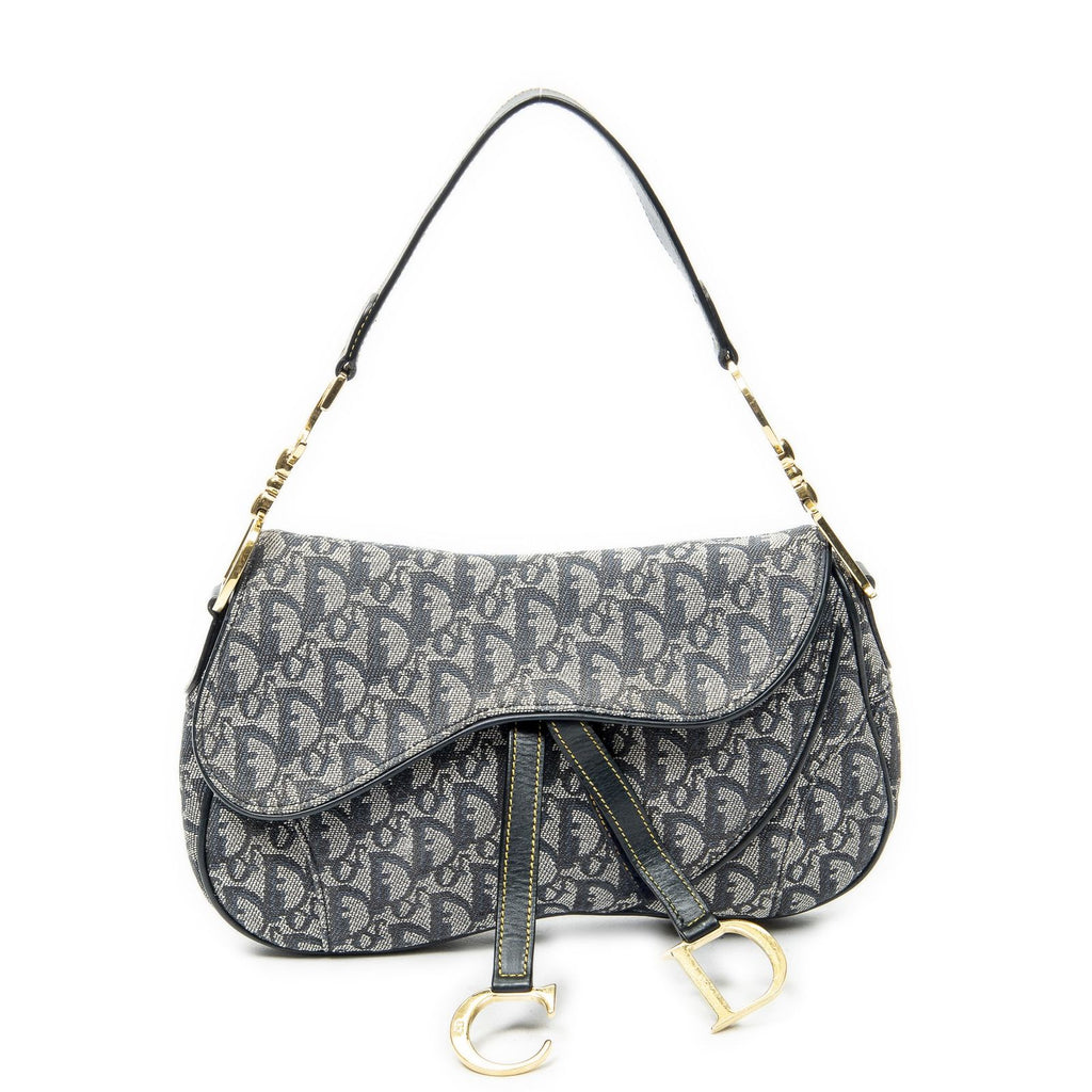 Dior Trotter Double Saddle Bag Navy Gray Pattern Canvas