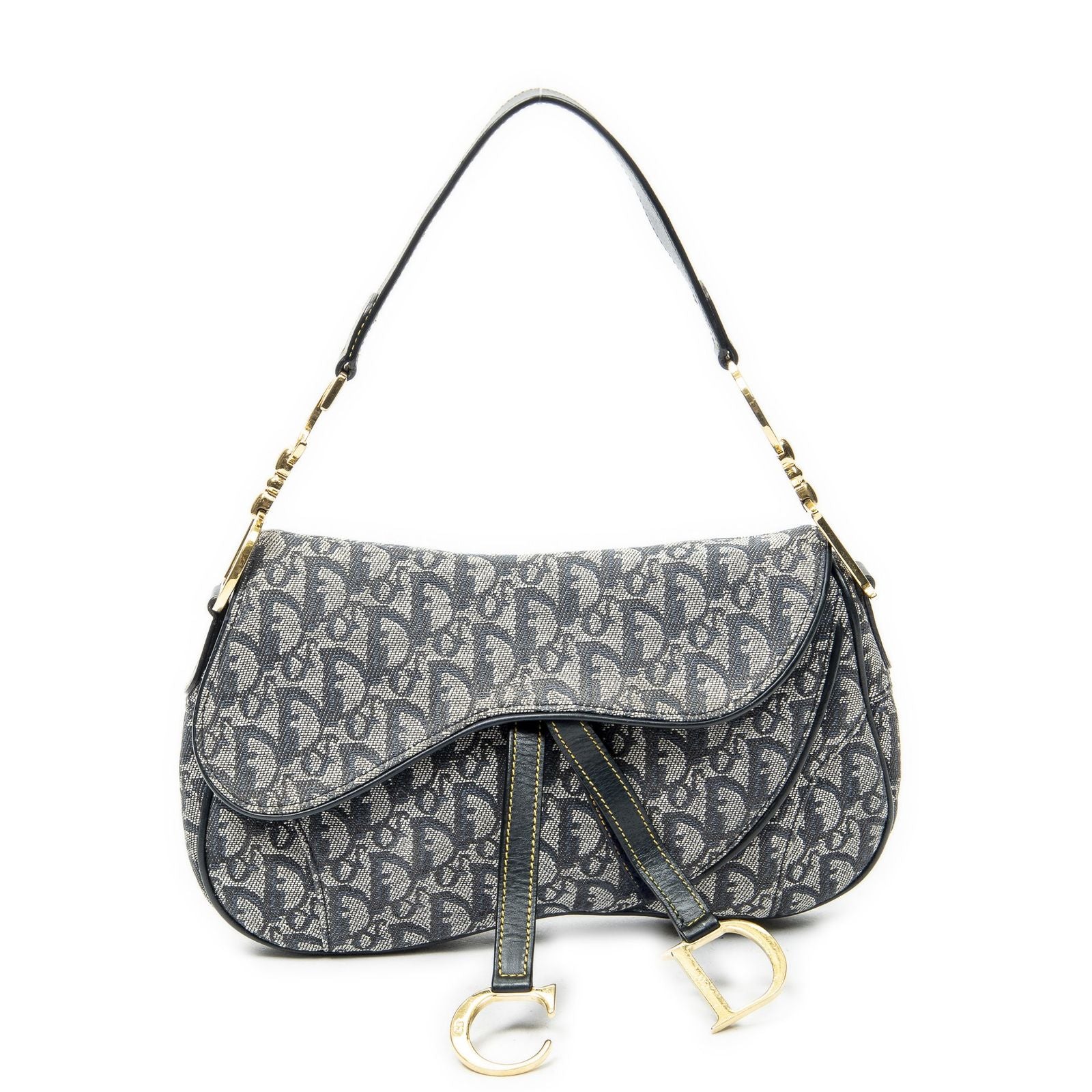 Dior Trotter Double Saddle Bag Navy Gray Pattern Canvas