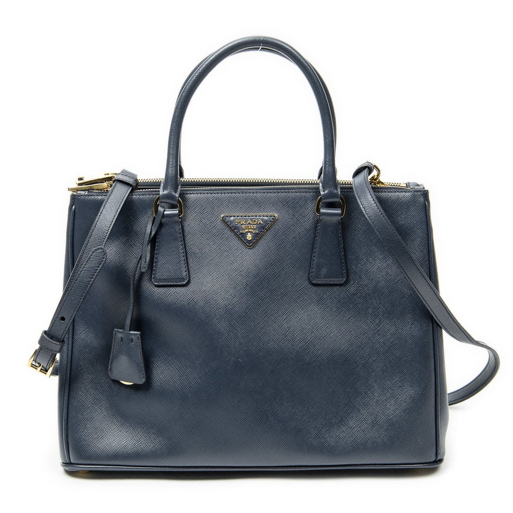 Prada Large Double Zip Galleria Tote Navy Saffiano Leather