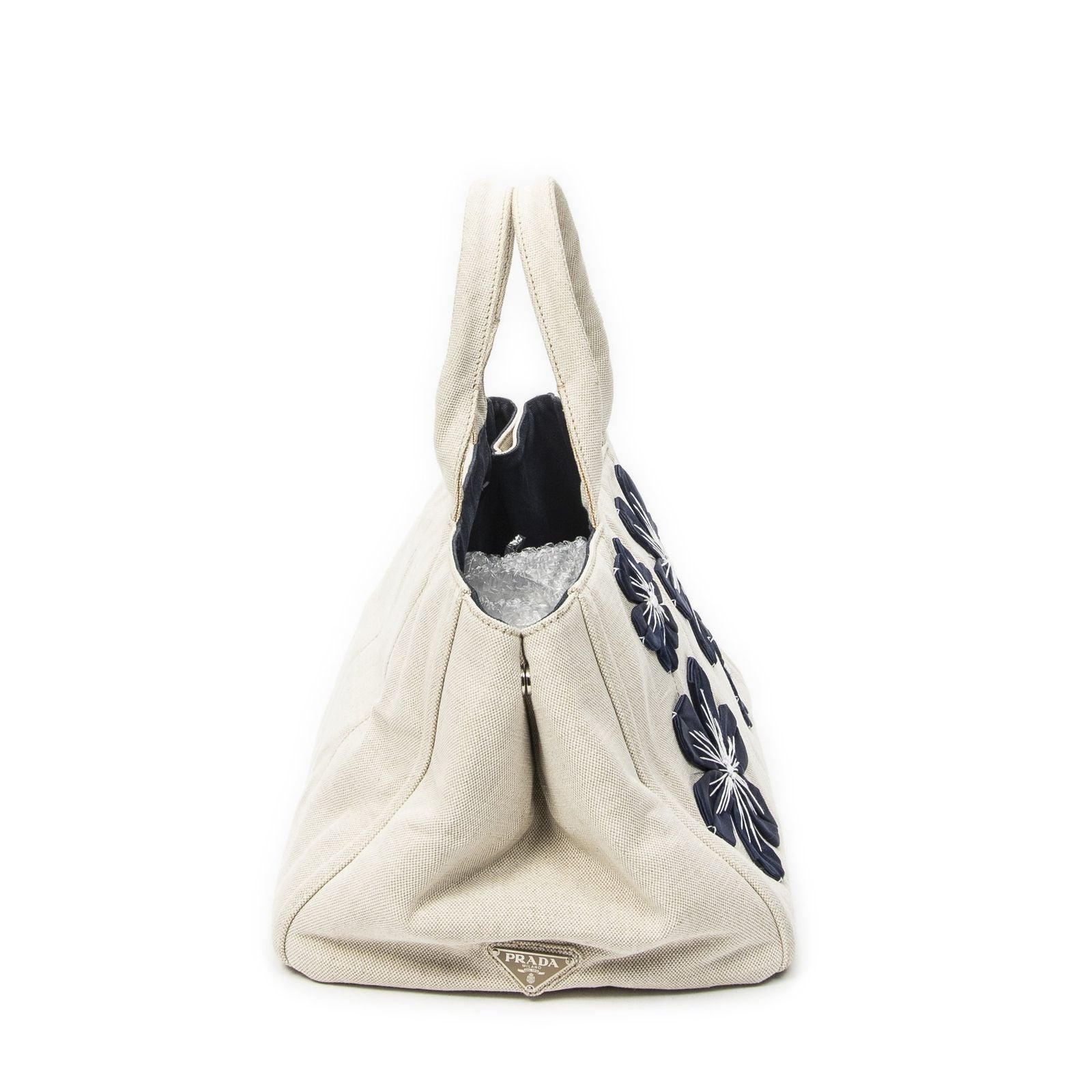 Prada Large Rhinestone Canapa Tote Beige Blue Embroidery Canvas — view 4