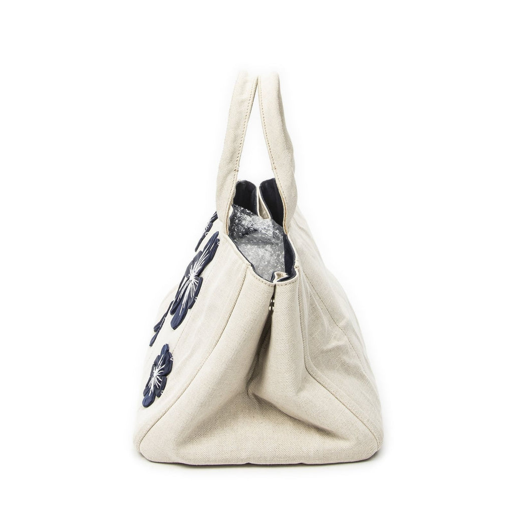 Prada Large Rhinestone Canapa Tote Beige Blue Embroidery Canvas — view 3