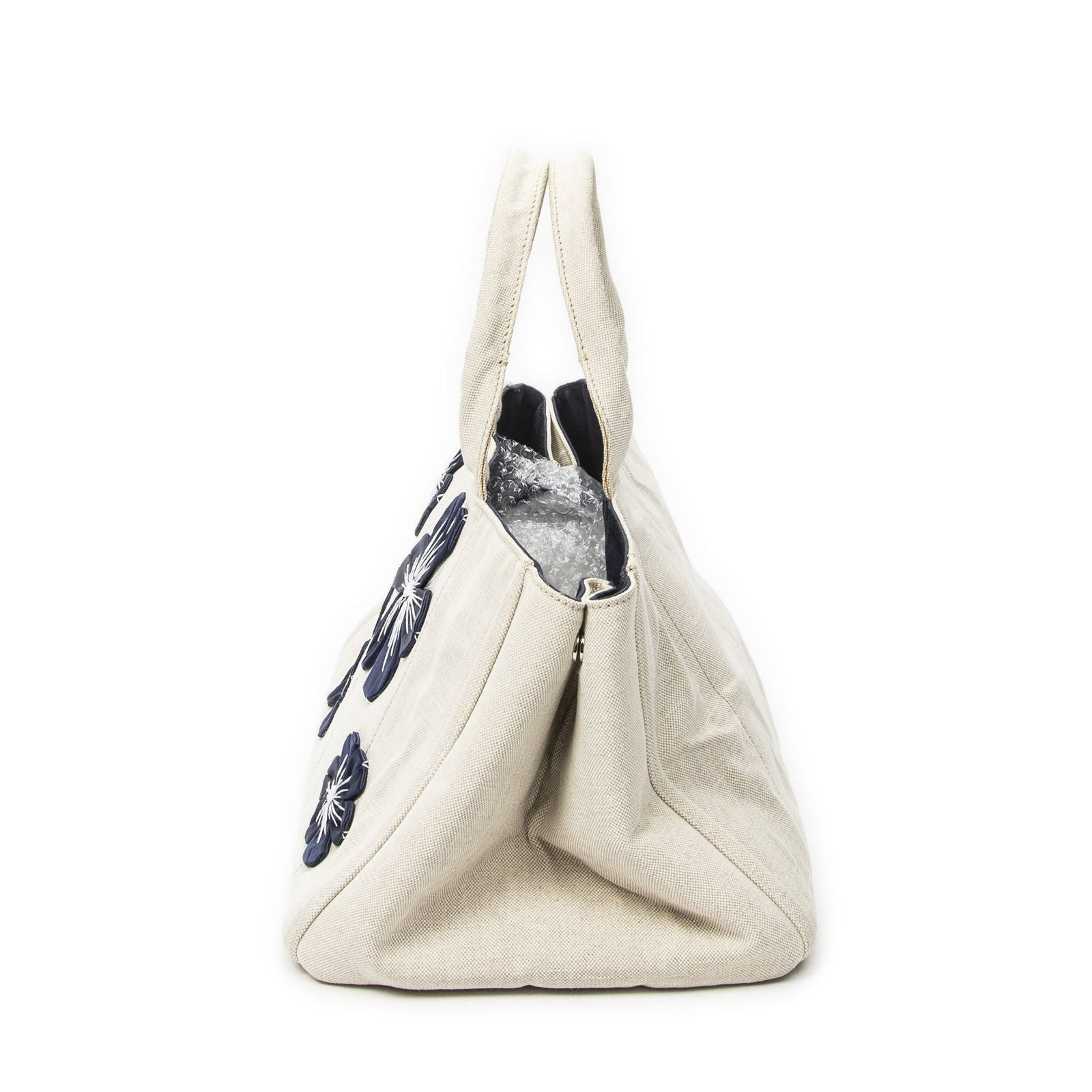 Prada Large Rhinestone Canapa Tote Beige Blue Embroidery Canvas — view 3