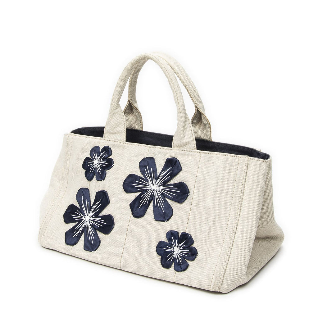 Prada Large Rhinestone Canapa Tote Beige Blue Embroidery Canvas — view 2