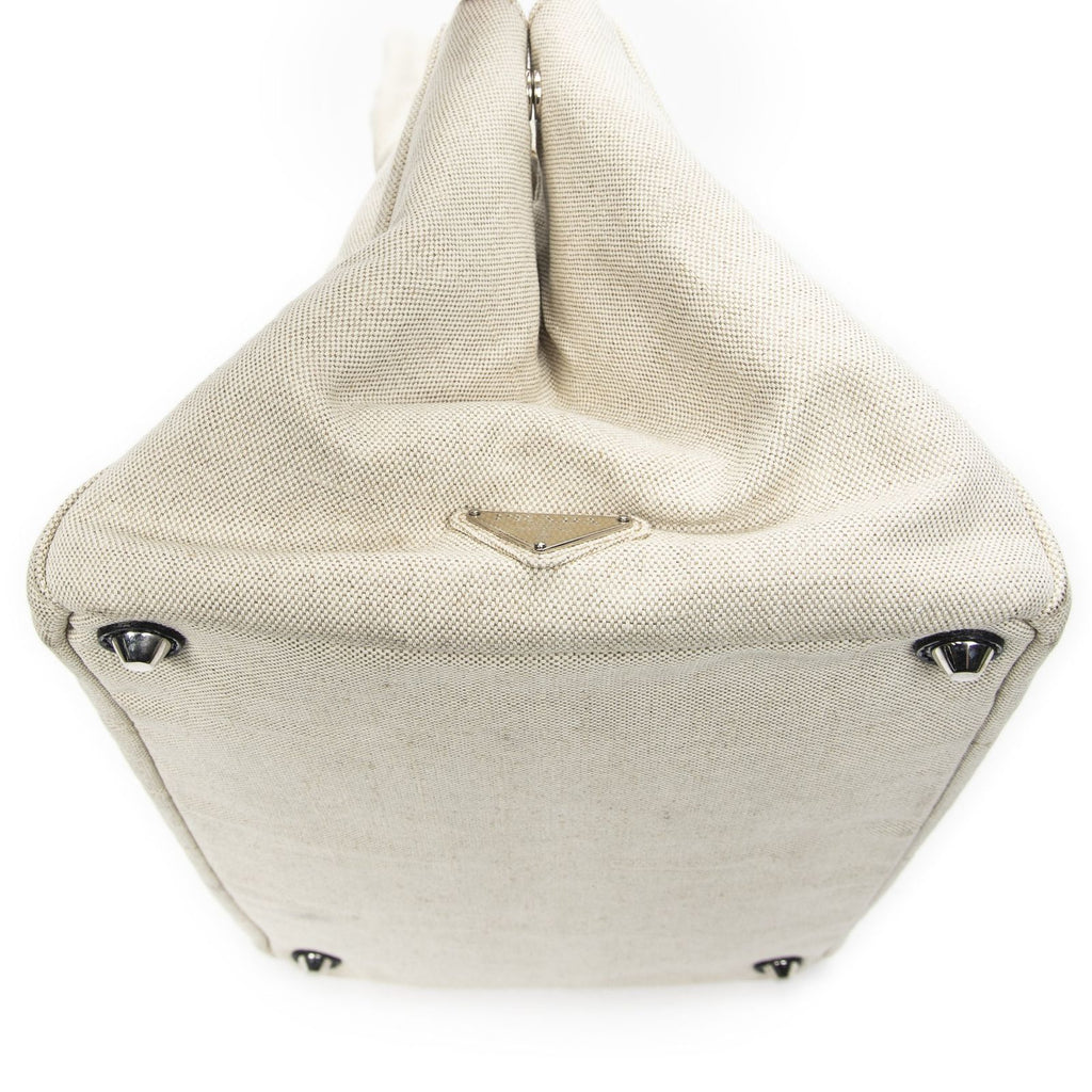 Prada Large Rhinestone Canapa Tote Beige Blue Embroidery Canvas — view 7