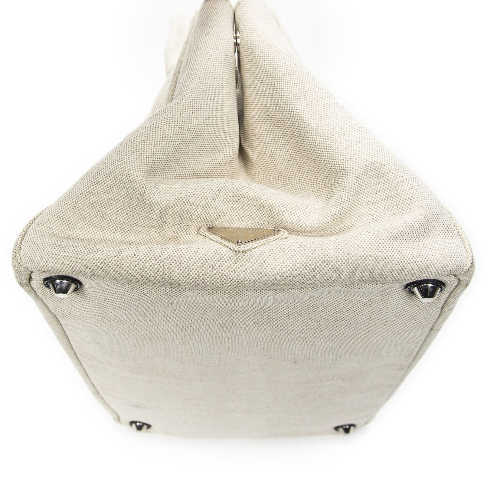 Prada Large Rhinestone Canapa Tote Beige Blue Embroidery Canvas — view 7