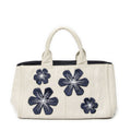 Prada Large Rhinestone Canapa Tote Beige Blue Embroidery Canvas